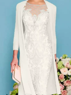 Robe de mère de mariée col rond manche longue en dentelle deux pièces au genou Robe de cocktail de mariage