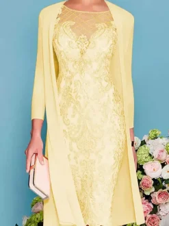 Robe de mère de mariée col rond manche longue en dentelle deux pièces au genou Robe de cocktail de mariage