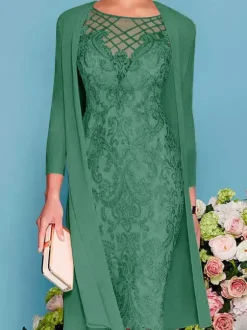 Robe de mère de mariée col rond manche longue en dentelle deux pièces au genou Robe de cocktail de mariage