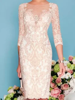 Robe de mère de mariée col rond manche longue en dentelle deux pièces au genou Robe de cocktail de mariage