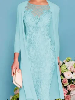 Robe de mère de mariée col rond manche longue en dentelle deux pièces au genou Robe de cocktail de mariage