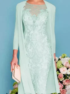 Robe de mère de mariée col rond manche longue en dentelle deux pièces au genou Robe de cocktail de mariage
