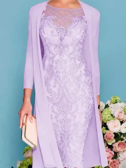 Robe de mère de mariée col rond manche longue en dentelle deux pièces au genou Robe de cocktail de mariage