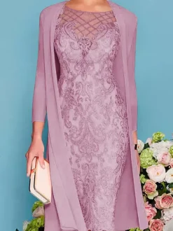 Robe de mère de mariée col rond manche longue en dentelle deux pièces au genou Robe de cocktail de mariage