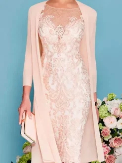 Robe de mère de mariée col rond manche longue en dentelle deux pièces au genou Robe de cocktail de mariage