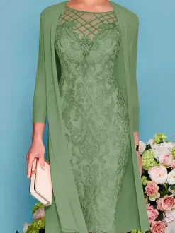 Robe de mère de mariée col rond manche longue en dentelle deux pièces au genou Robe de cocktail de mariage