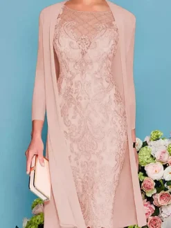 Robe de mère de mariée col rond manche longue en dentelle deux pièces au genou Robe de cocktail de mariage