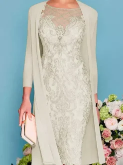 Robe de mère de mariée col rond manche longue en dentelle deux pièces au genou Robe de cocktail de mariage