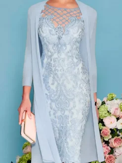Robe de mère de mariée col rond manche longue en dentelle deux pièces au genou Robe de cocktail de mariage