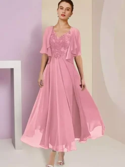 Robe de mère de mariée deux pièces col v manche courte en mousseline de soie
