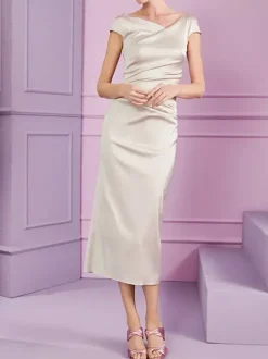 Robe de mère de mariée moulante manche courte zip sur dos robe d'invitées de mariage