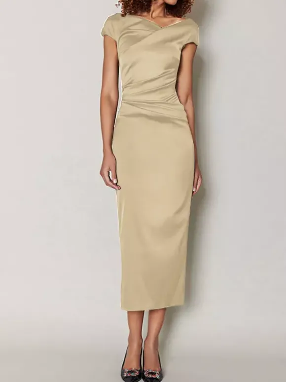 Robe de mère de mariée moulante manche courte zip sur dos robe d'invitées de mariage