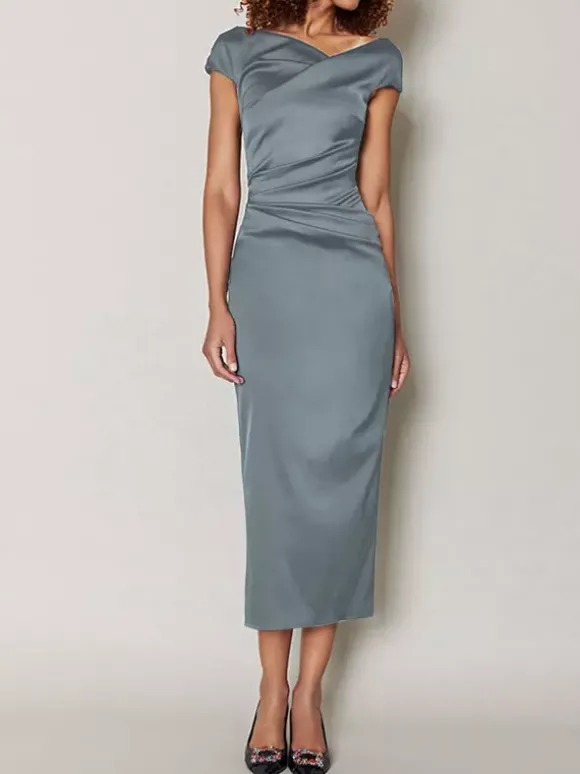 Robe de mère de mariée moulante manche courte zip sur dos robe d'invitées de mariage