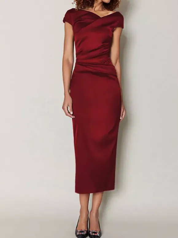 Robe de mère de mariée moulante manche courte zip sur dos robe d'invitées de mariage