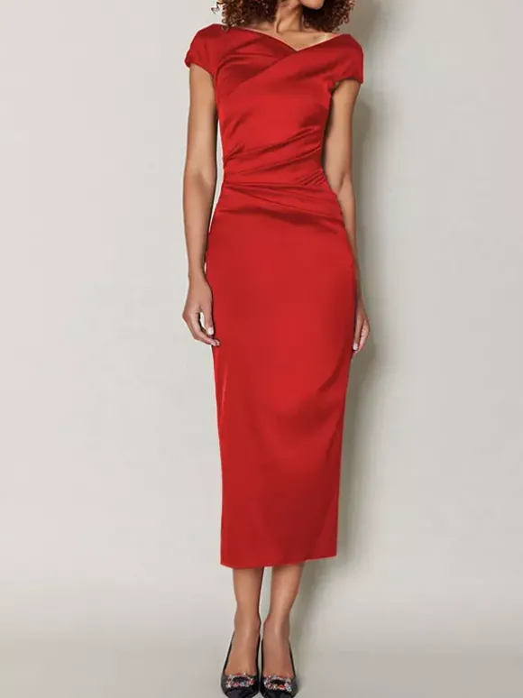 Robe de mère de mariée moulante manche courte zip sur dos robe d'invitées de mariage