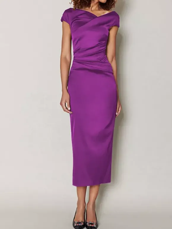 Robe de mère de mariée moulante manche courte zip sur dos robe d'invitées de mariage