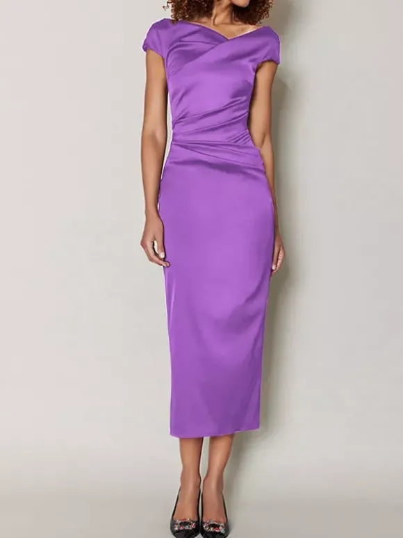 Robe de mère de mariée moulante manche courte zip sur dos robe d'invitées de mariage