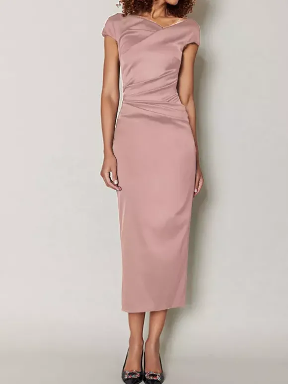 Robe de mère de mariée moulante manche courte zip sur dos robe d'invitées de mariage