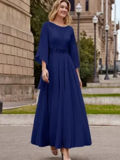 Robe de mère de mariée robe de soirée cocktail mariage col rond manche fendue dos en V longueur à la cheville