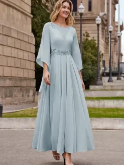 Robe de mère de mariée robe de soirée cocktail mariage col rond manche fendue dos en V longueur à la cheville