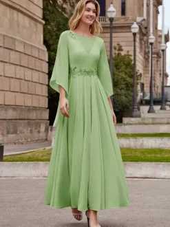 Robe de mère de mariée robe de soirée cocktail mariage col rond manche fendue dos en V longueur à la cheville