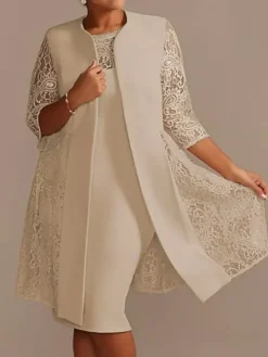 Robe de mère de mariée robe de cocktaile de soirée de mariage ivoire deux pièces col rond en dentelle et tissu de satin