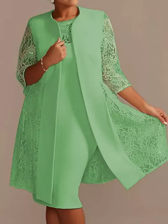Robe de mère de mariée robe de cocktaile de soirée de mariage ivoire deux pièces col rond en dentelle et tissu de satin