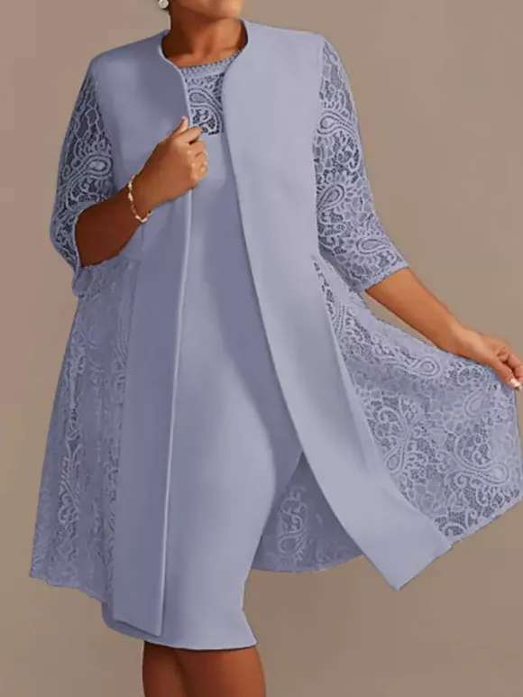 Robe de mère de mariée robe de cocktaile de soirée de mariage ivoire deux pièces col rond en dentelle et tissu de satin
