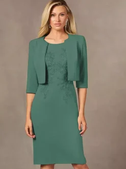 Robe de mère de mariée robe d'invitée de mariage deux pièces col rond longueur au genou