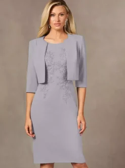 Robe de mère de mariée robe d'invitée de mariage deux pièces col rond longueur au genou
