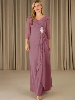 Robe de mère de mariée robe d'invitée de mariage en mousseline col V 3/4 manche