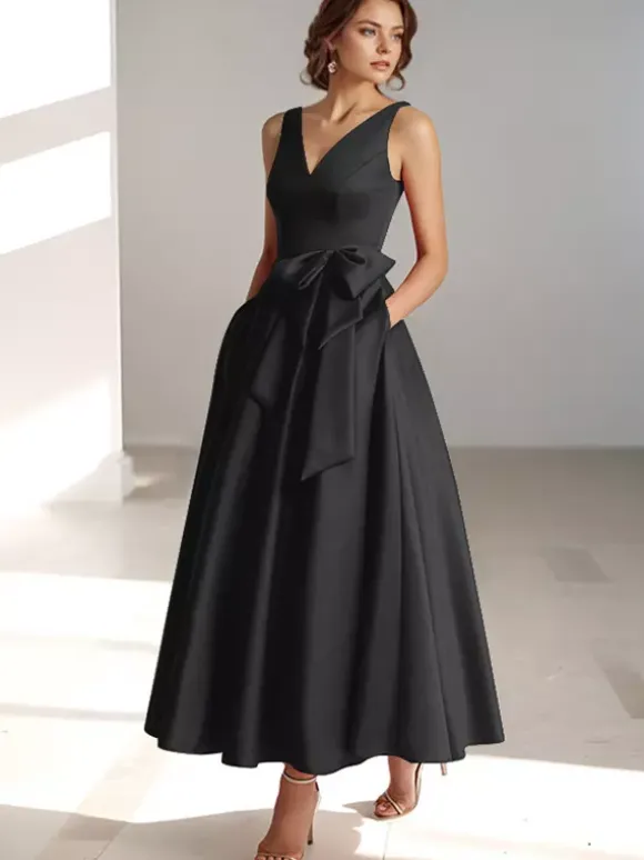Robe de mère de mariée robe d'invitée de mariage a-line col V sans manche décoré de noeud