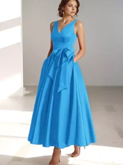 Robe de mère de mariée robe d'invitée de mariage a-line col V sans manche décoré de noeud