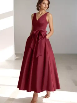 Robe de mère de mariée robe d'invitée de mariage a-line col V sans manche décoré de noeud