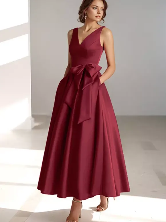 Robe de mère de mariée robe d'invitée de mariage a-line col V sans manche décoré de noeud