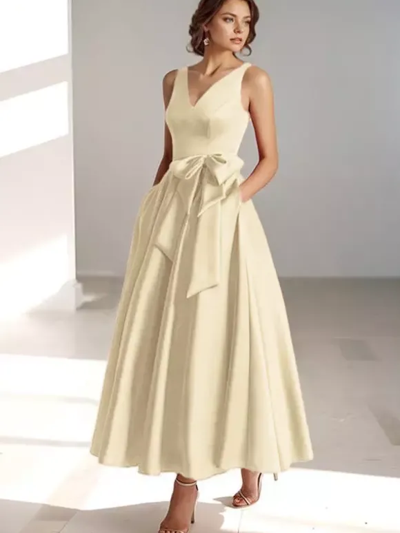 Robe de mère de mariée robe d'invitée de mariage a-line col V sans manche décoré de noeud