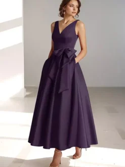 Robe de mère de mariée robe d'invitée de mariage a-line col V sans manche décoré de noeud