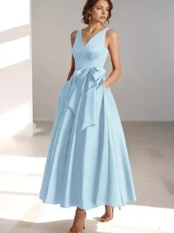 Robe de mère de mariée robe d'invitée de mariage a-line col V sans manche décoré de noeud