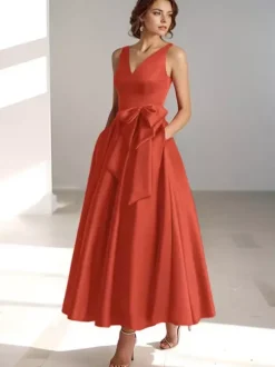 Robe de mère de mariée robe d'invitée de mariage a-line col V sans manche décoré de noeud