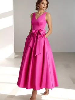 Robe de mère de mariée robe d'invitée de mariage a-line col V sans manche décoré de noeud