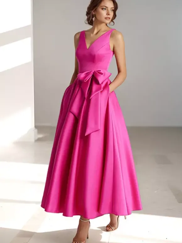 Robe de mère de mariée robe d'invitée de mariage a-line col V sans manche décoré de noeud