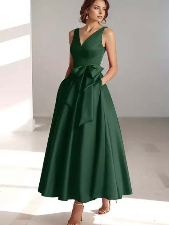 Robe de mère de mariée robe d'invitée de mariage a-line col V sans manche décoré de noeud