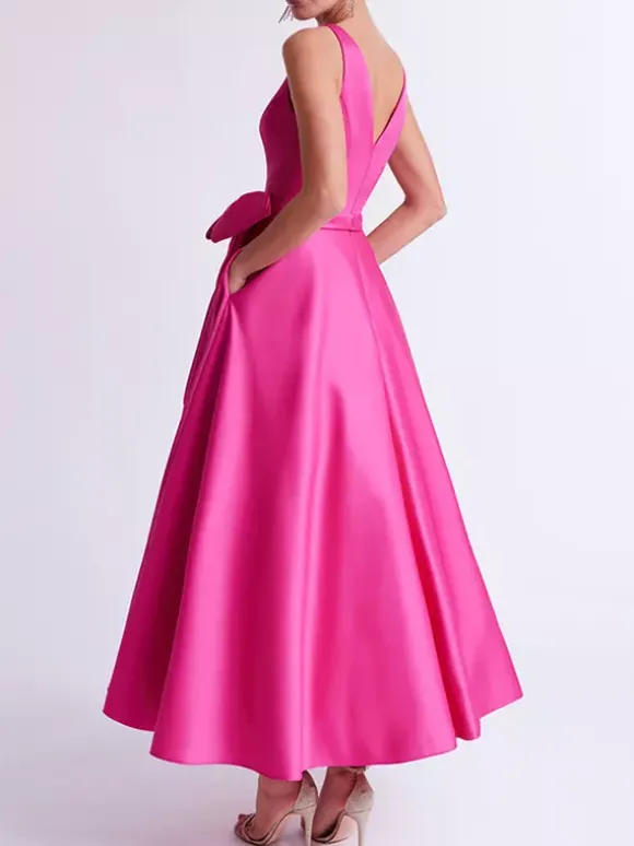 Robe de mère de mariée robe d'invitée de mariage a-line col V sans manche décoré de noeud