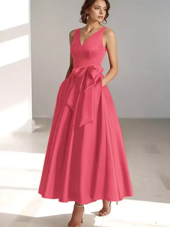 Robe de mère de mariée robe d'invitée de mariage a-line col V sans manche décoré de noeud