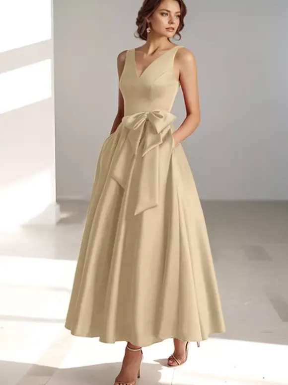 Robe de mère de mariée robe d'invitée de mariage a-line col V sans manche décoré de noeud