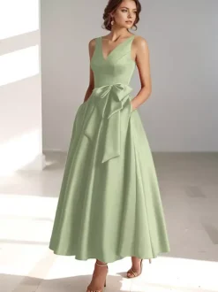 Robe de mère de mariée robe d'invitée de mariage a-line col V sans manche décoré de noeud