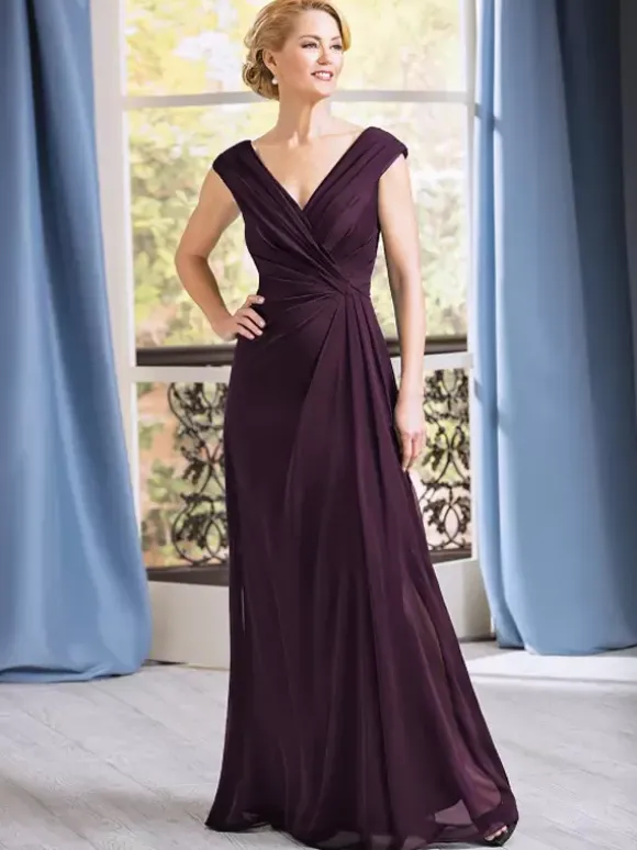 Robe de mère de mariée robe d'invitée de mariage col v sans manche longueur au sol