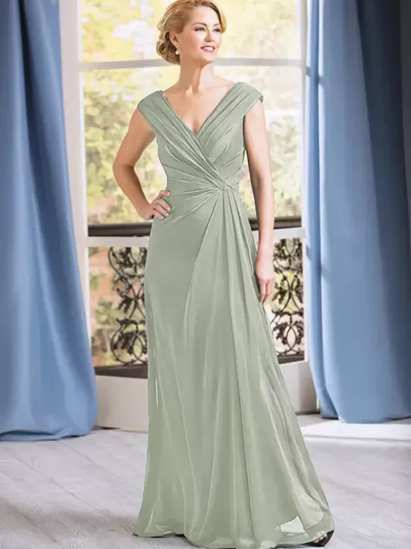 Robe de mère de mariée robe d'invitée de mariage col v sans manche longueur au sol