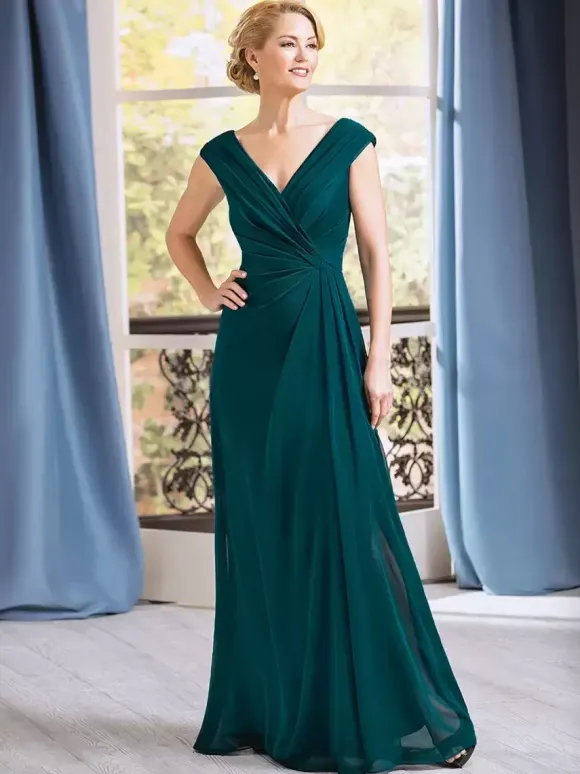 Robe de mère de mariée robe d'invitée de mariage col v sans manche longueur au sol