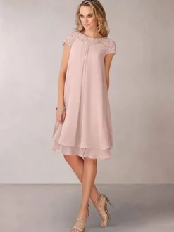 Robe de mère de mariée Robe de mariage d'invitée rose pale en chiffon col rond longueur genou